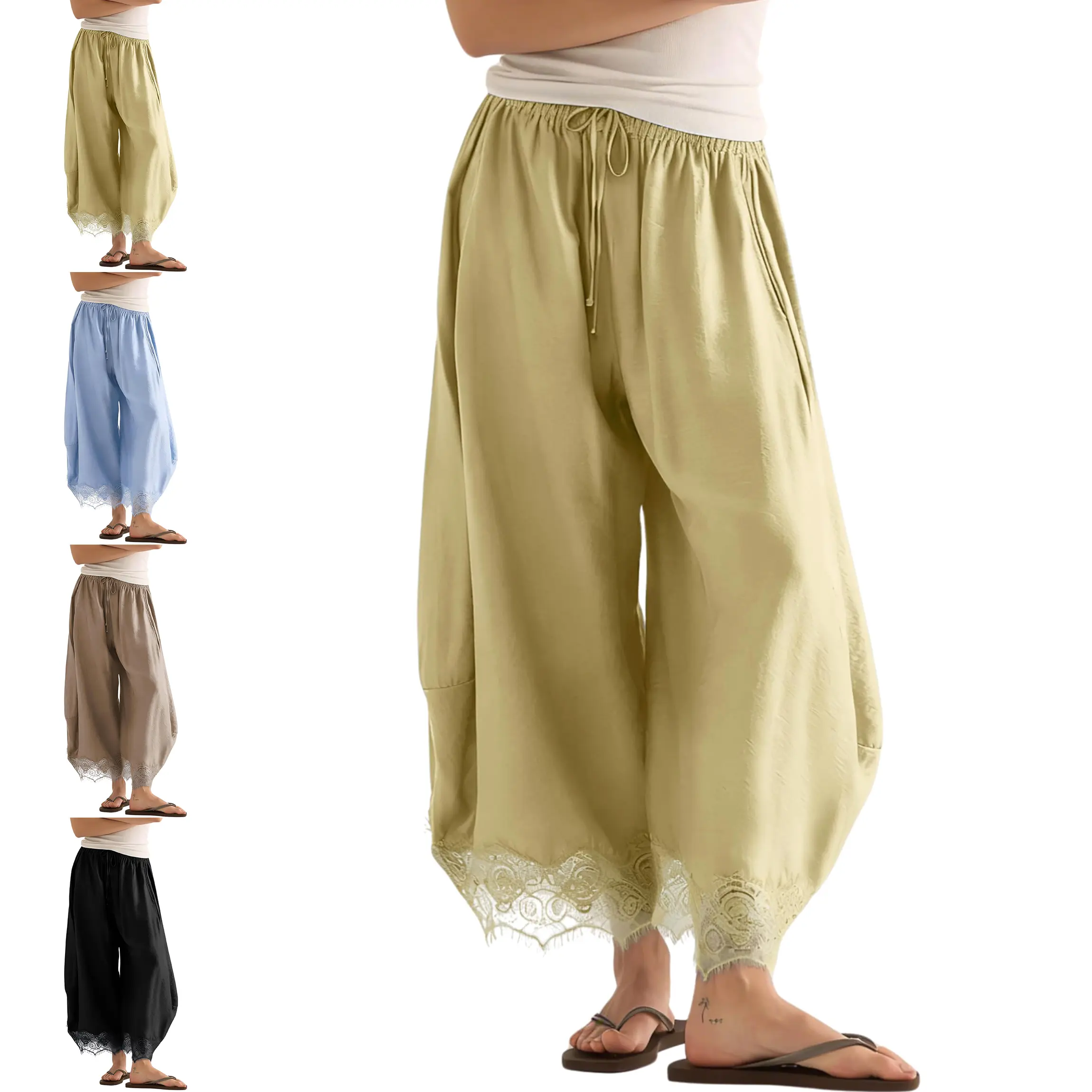 Women’s Lace Hem Balloon Pants, Lightweight Rayon Casual Wide Leg Pants with Elastic Waist & Pockets