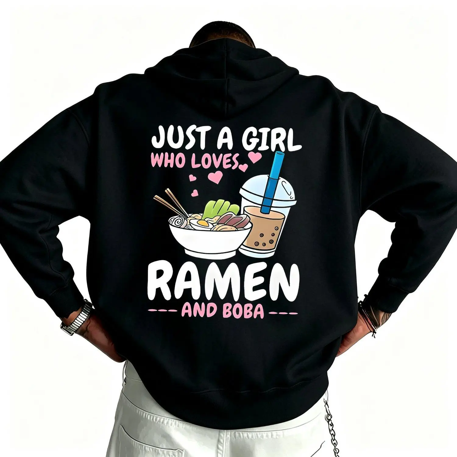 Men's Hoodies Just A Who Loves Ramen and Boba Graphic Casual Knit Fabric Hooded with Drawstring Drop Shoulder Long Sleeve Alphabets Print Pattern Fall Winter Pullover Pullover Sweatshirt Fashionable Comfortable Stylish