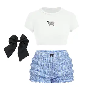 Womens Sexy Lil Bo Peep Costume, Easy Last Minute Halloween Dress Up Idea, Womens Teens Little Bo Peep Embroidered Sheep Crop Shirt Checkered Bloomer Mini Shorts, Friends Group Matching Costumes