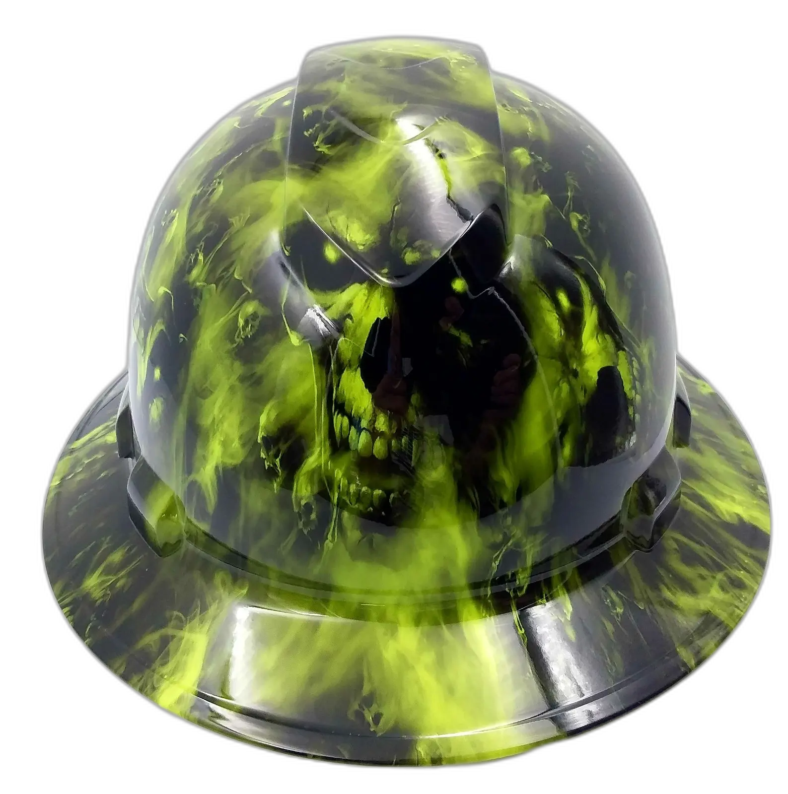 Lime Green Skull & Flames - Custom Hydro Dipped Full Brim Hard Hat