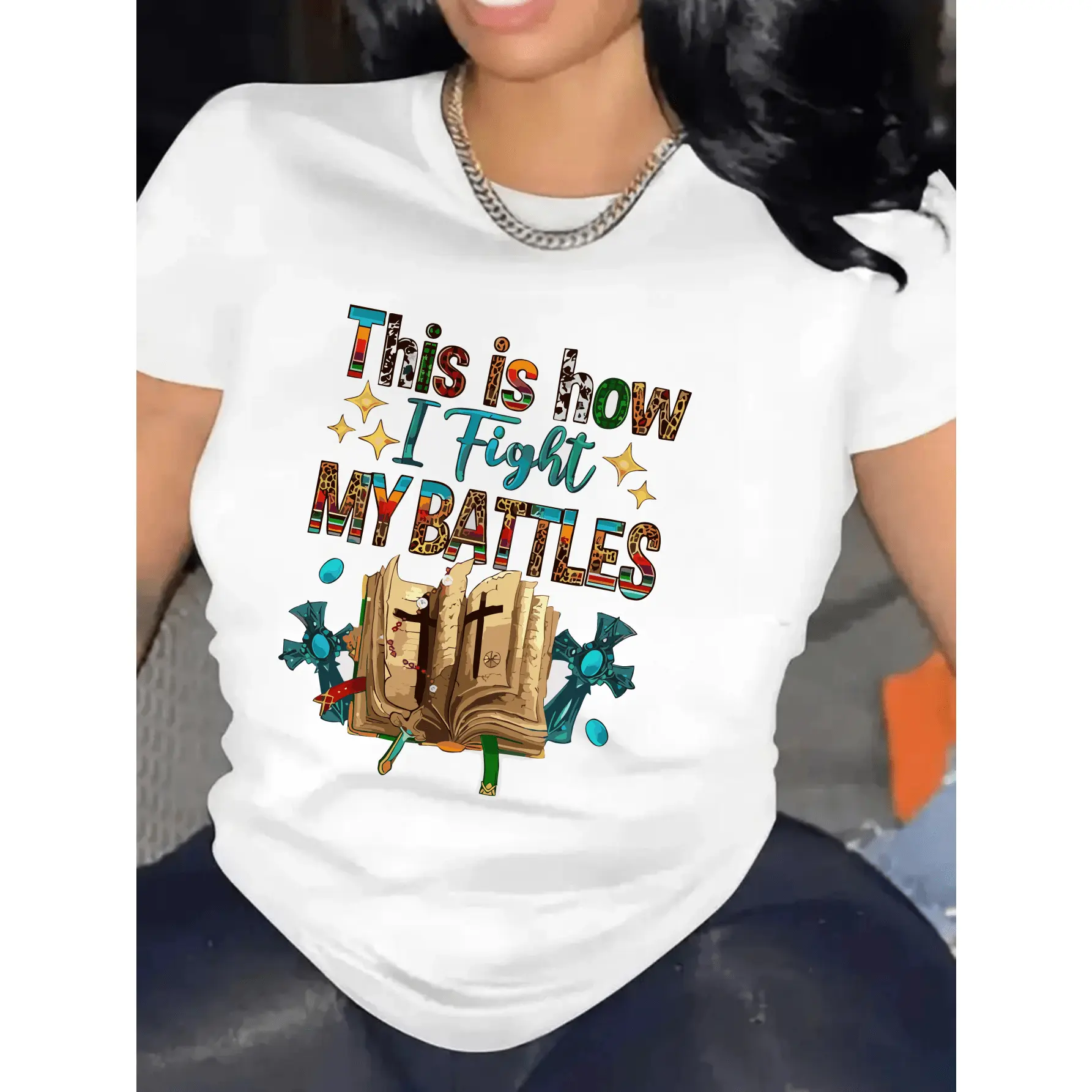 Women's Inspirational Graphic Tee - "This Is How I Fight My Battles" Quote with Colorful Book & Cross Design on Soft Fabric, Comfortable Round Neck Short Sleeve for Spring Summer Casual, Faith-Based Apparel and Daily Encouraging Outfits