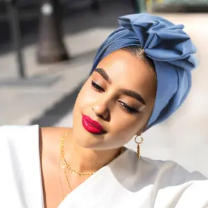 Turban Hat Retro French Style Flower Decor Women Hat Solid Color Breathable Wind-proof Headwear Muslim Headscarf Lady Headband