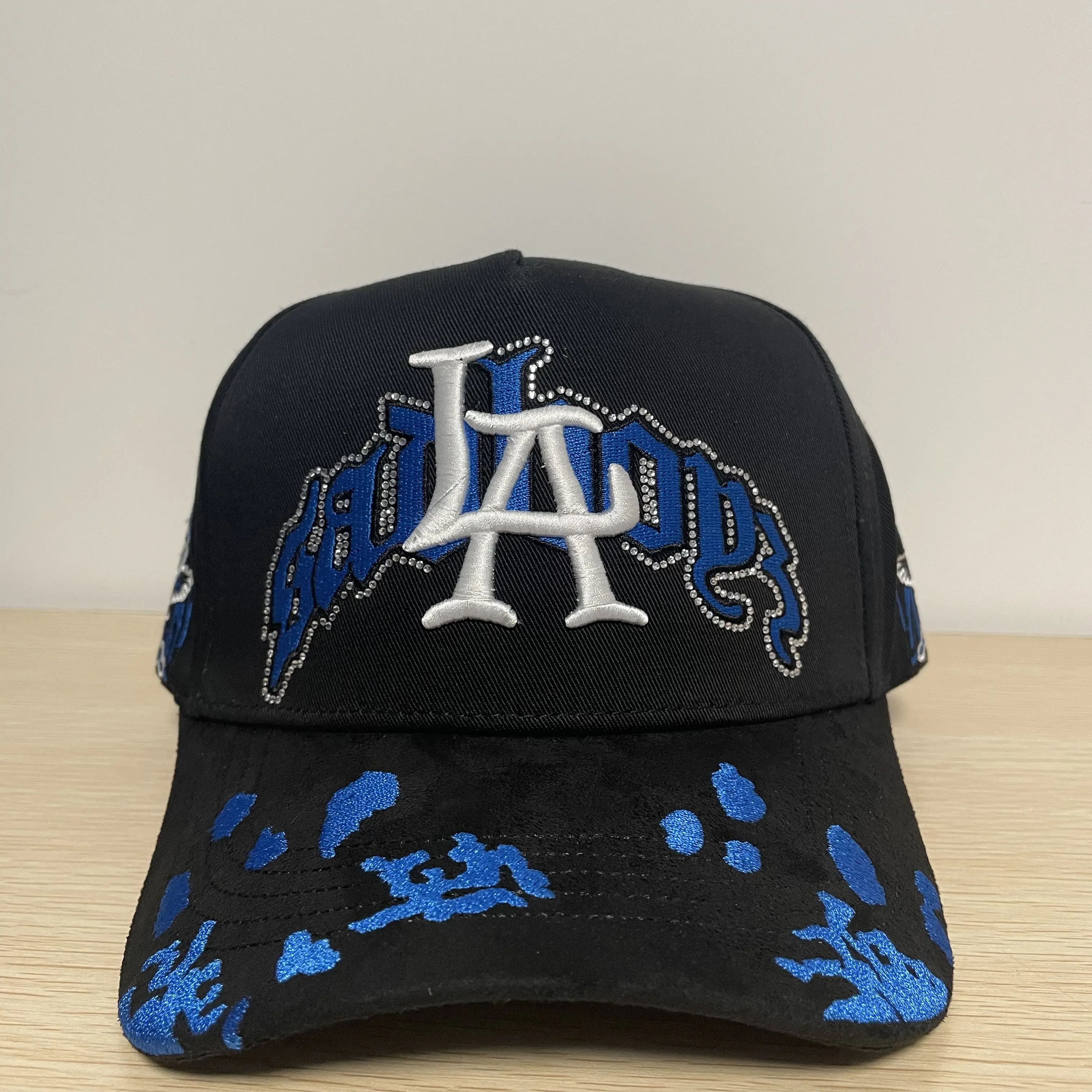Black Twill Structured Cap, 3D Embroidery Logo Bad Boyz Crystal Outline Blue Flame Visor Urban Fashion Headwear