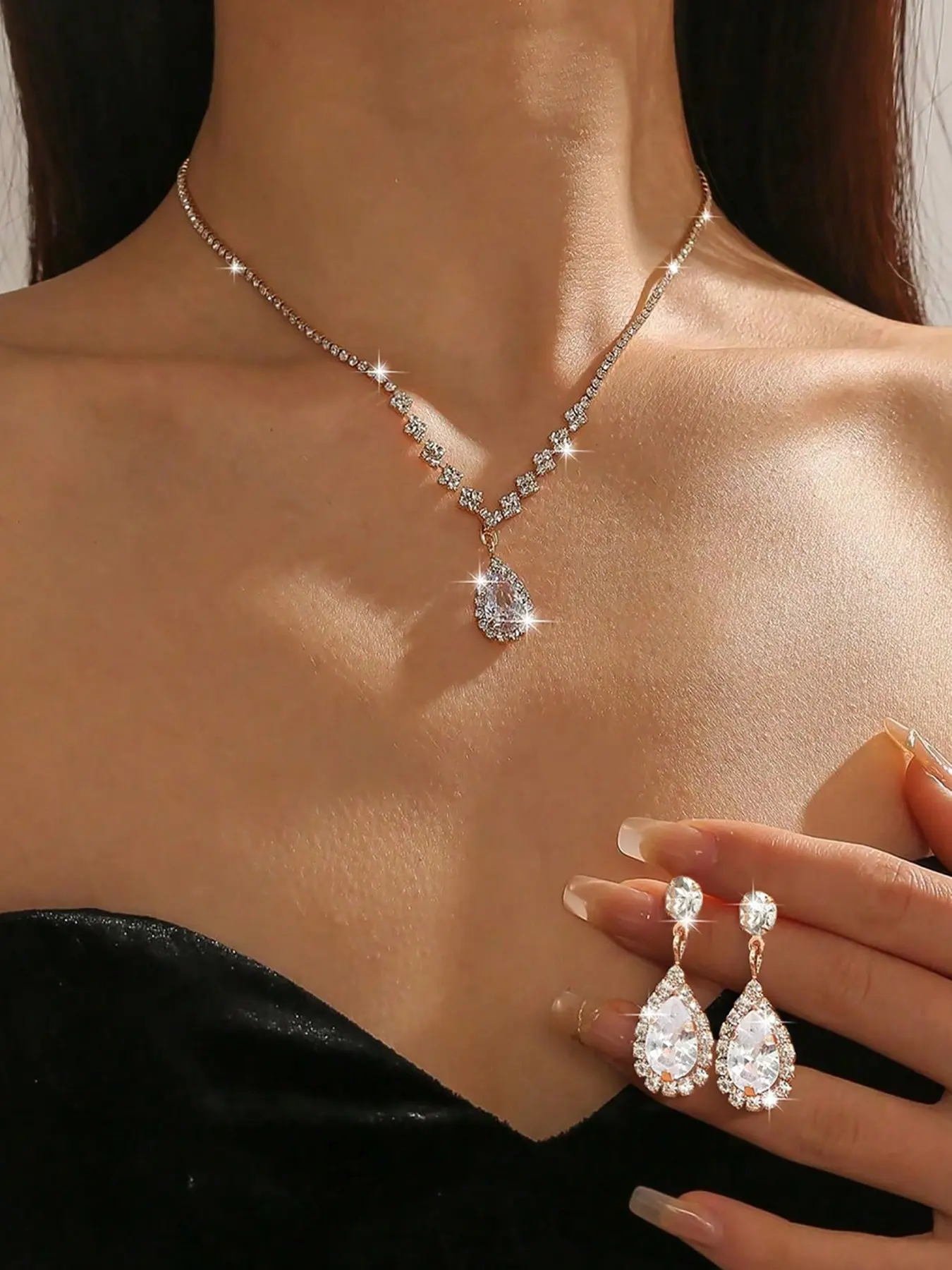 3-Piece Necklace and Earring Set, Elegant Bridal Accessories with Cubic Zirconia, Perfect for Wedding Dresses & Gowns
