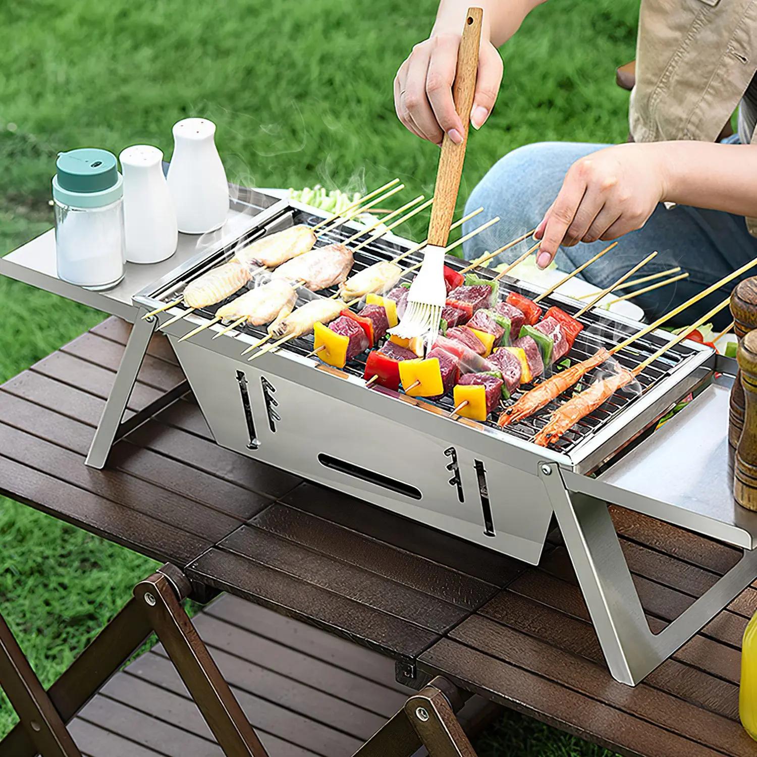 Portable Tabletop Charcoal Barbecue Grill, Foldable Design with Wood Handles - Lightweight for Camping, Backyard Cookouts & Small Groups, Outdoor Cooking Barbecue, Portable Bbqs, Charcoal Grills Bbq, Heat-Resistant Handles, Collapsible Portable Barbecues