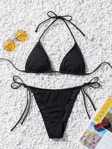 Women's Solid Color Halter Triangle Bikini Set, High Stretch Casual Fashion Tie Back Backless Swim Top & Tie Side Swim Bottom for Beach Holiday Vacation, Ladies Swimsuit for All Seasons Bikinis Sets