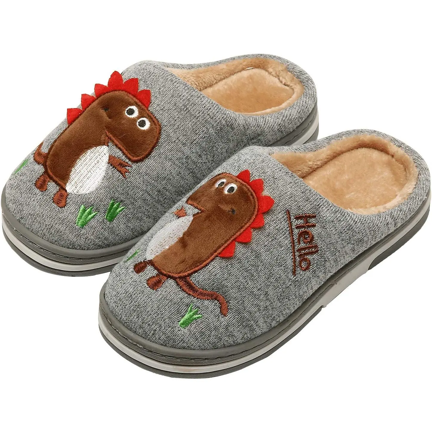 Boys' Dinosaur Graphic Slip-On Slippers - Knit Upper Cotton Shoes with Soft Bend, Warm Plush Fleece Lining, Flat Heels, Synthetic Sole, Practical Design