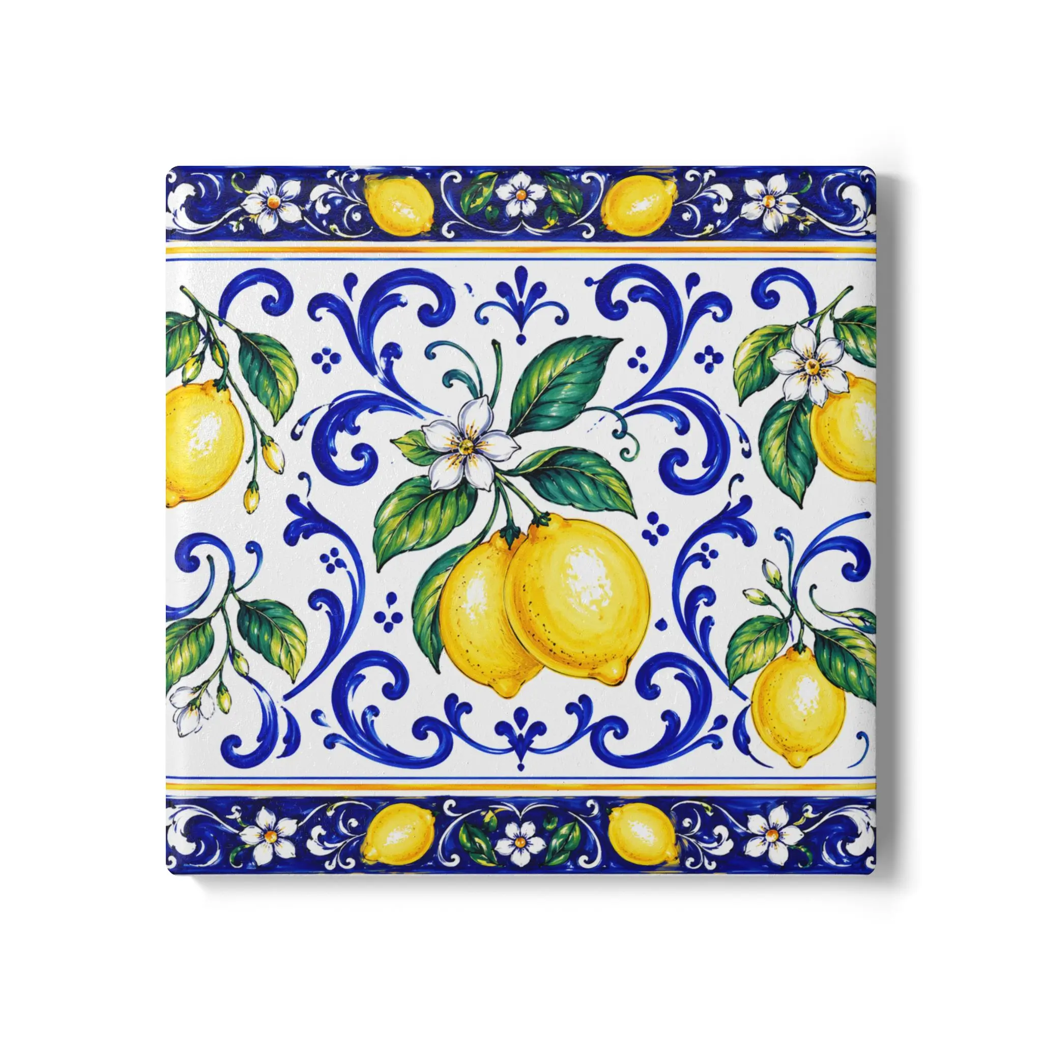 Little Italy Amalfi Blue and White Lemon Ceramic & Cork Tableware Coaster - Round, Square, Everyday Use Mediterranean Style Drink Coaster