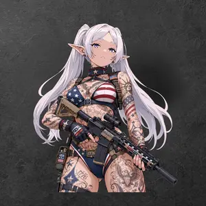 USA 250 Elf Tactical Girl Sticker, Patriotic Anime Elf With Rifle and Liberty Tattoos Decal