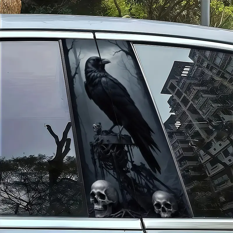2 pieces of crow and skeleton pattern B-pillar car stickers, Stickers For Cars, durable self-adhesive vinyl stickers, easy to apply, 25 inches x 50 inches, Vehicle Exterior Decoration