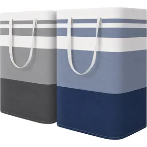2 Pack Large Laundry Baskets, Waterproof, Freestanding Laundry Hampers, Collapsible Clothes Hamper with Reinforced Handles in Laundry, College Dorm, Bathroom, Bedroom (Grey+Blue, 75Lx2)