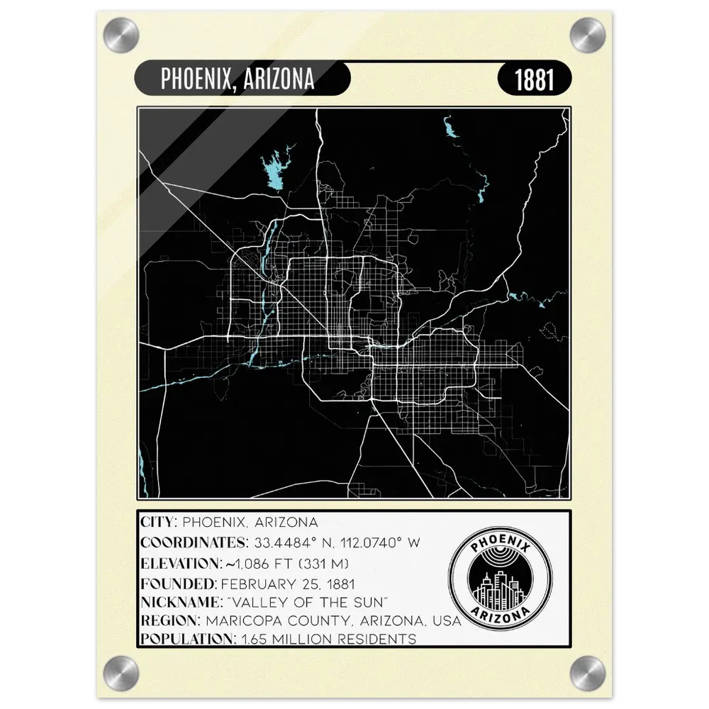 Phoenix, Arizona - Acrylic Poster, Glossy Finish, Minimalist Design, 4mm Thickness, Hanging Kit Included, Vibrant Colors, Modern Edge, Decorative Wall Art