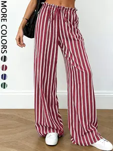 Women's Casual Loose Fit Elastic Waist Belted Striped Long Pants Wide Leg Trousers for Daily Commuting Everyday