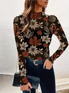 Sexy Fashion Hollow Out Mesh Floral Print Long Sleeve Women's Top, Summer, Fit, Womenswear, Perfect for Home Wear & Vacation, Stylish Casual Clothing, Knit
