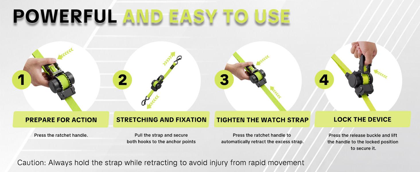 SEESE Sturdy Retractable Ratchet Straps  1"x 11 ft-1550 LB Break Strength Cargo Straps for Moving Appliances, Lawn Equipment, Motorcycle Green