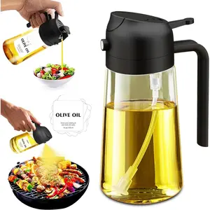 [New Deal] 2 in 1 Glass Oil Sprayer & Dispenser 16oz 470ml Olive Cooking Air Fryer Salad for Kitchen Gadgets with Stickers Black Bottle Utensils