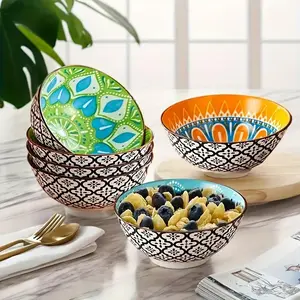 Boho Ceramic Bowl Set, 6 Counts/set Colorful Geometric Floral Pattern Bowl, Kitchen Bowl Set for Rice, Soup, Snack, Ice Cream, Side Dish, Ceramic Salad Bowls, Ceramic Pasta Bowls