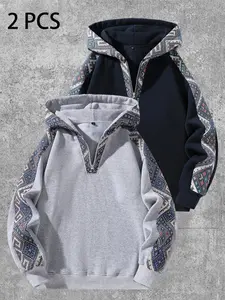 Men's Ethnic Style Patchwork Hooded Sweatshirt Set, Graphic Hoodies, Half-Zip Long Sleeve, Casual Fashion for Daily Wear and Outdoor Activities
