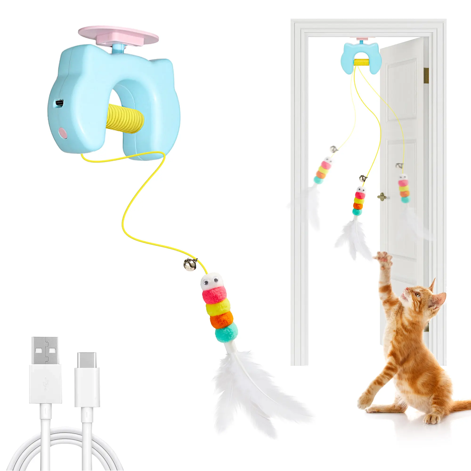 Potaroma Automatic Hanging Interactive Cat Toy, USB Rechargeable Feather Bell Kitten Teaser with Random Up-Down Motion, 3 Replacement Refills for Indoor Cats, Sky Blue