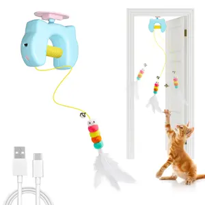 Potaroma Automatic Hanging Interactive Cat Toy, USB Rechargeable Feather Bell Kitten Teaser with Random Up-Down Motion, 3 Replacement Refills for Indoor Cats, Sky Blue