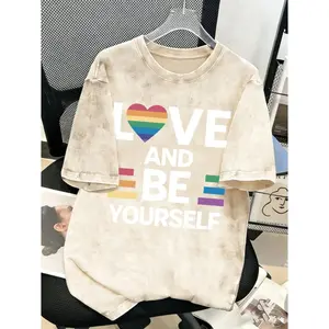 American Heavyweight Vintage Style Fashion Women T Shirt Love And Be Yourself Rainbow Heart Print Pride Festival 230G Washed Short Sleeve Statement Tee Daily Casual Breathable Outdoor Sport Gift Item
