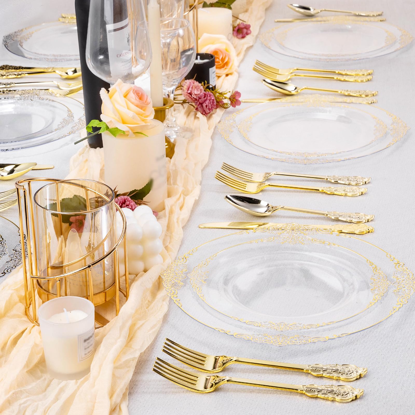 100 PCS White and Gold Plastic Plates for 50 Guests, Gold Disposable Plates Include 50 PCS Dinner Plates, 50 PCS Dessert Plates for Party, Wedding and Graduation