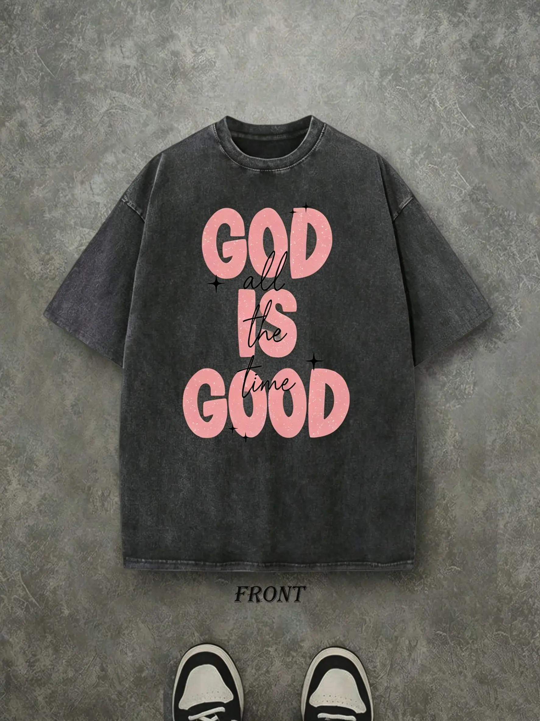 Vintage God Is Good All The Time Pink Bubble Letter Christian T-Shirt, Washed Black Cotton Oversized Short Sleeve Faith Casual Crewneck Tee