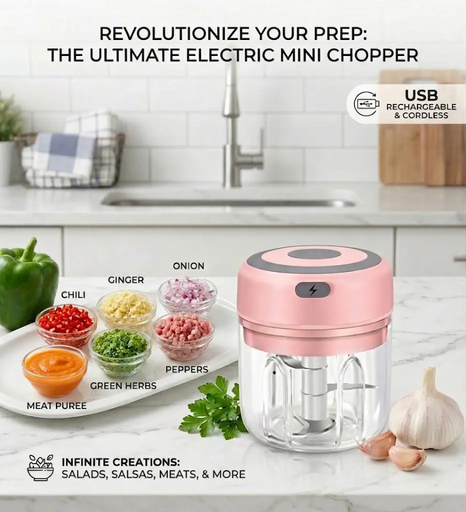 GMOX Electric Mini Food Chopper - USB Rechargeable, Portable, Stainless Steel Blade, BPA-Free, 1-Touch Mincing & Chopping, Easy-Clean Multi-Function Processor (Office Equipment Part) for Home Cooks, Small Kitchen Use