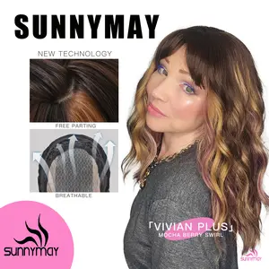 Vivian Plus - New! SUNNYMAY Breathable Bionic Scalp 18-Inch Mid-Length Water Wave Layered Mocha Berry Swirl Glueless Synthetic Wig with Wispy Blunt Bangs for Women 4×4.5 Natural Scalp Hard Silky Top Easy Wear Comfortable Fit