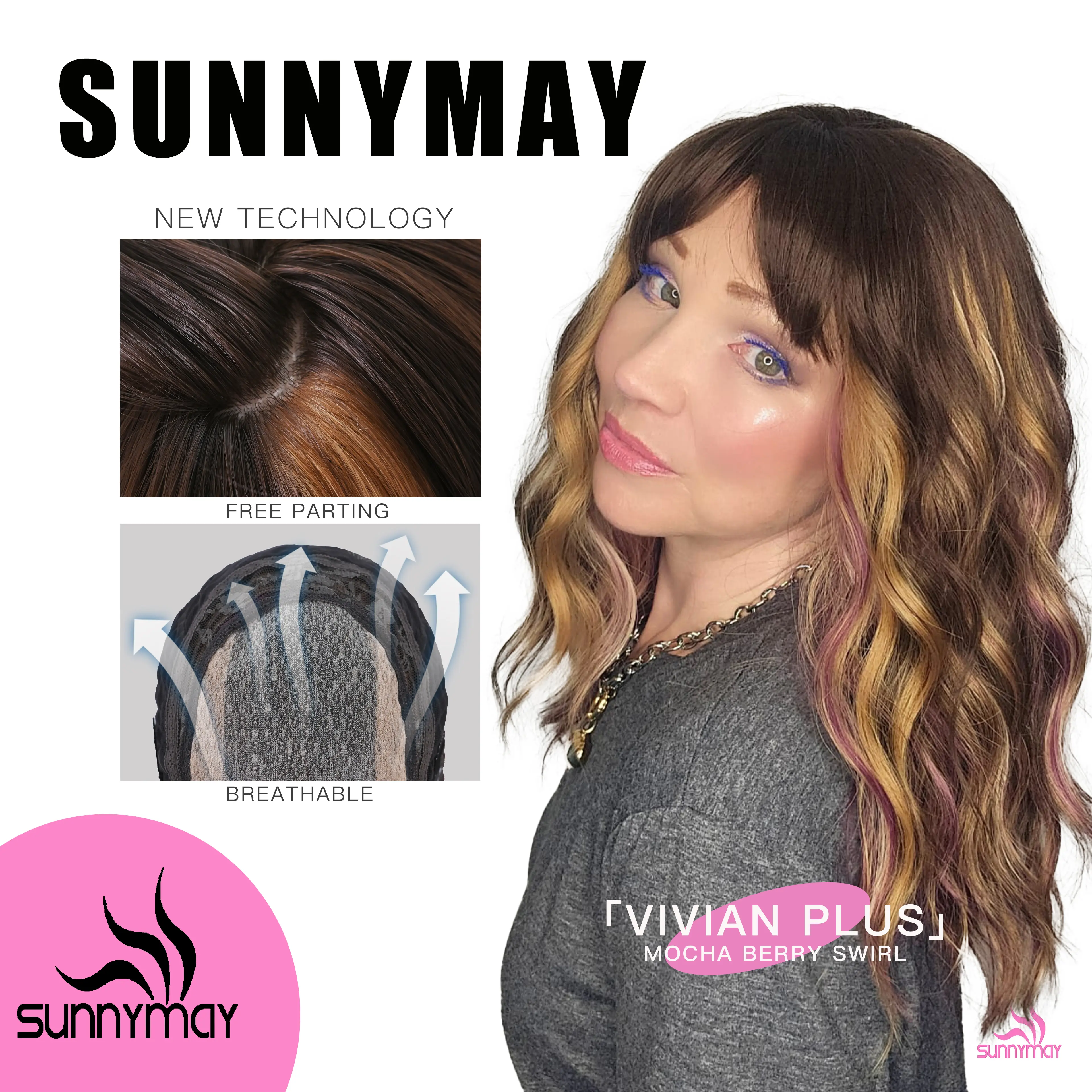 Vivian Plus - New! SUNNYMAY Breathable Bionic Scalp 18-Inch Mid-Length Water Wave Layered Mocha Berry Swirl Glueless Synthetic Wig with Wispy Blunt Bangs for Women 4×4.5 Natural Scalp Hard Silky Top Easy Wear Comfortable Fit