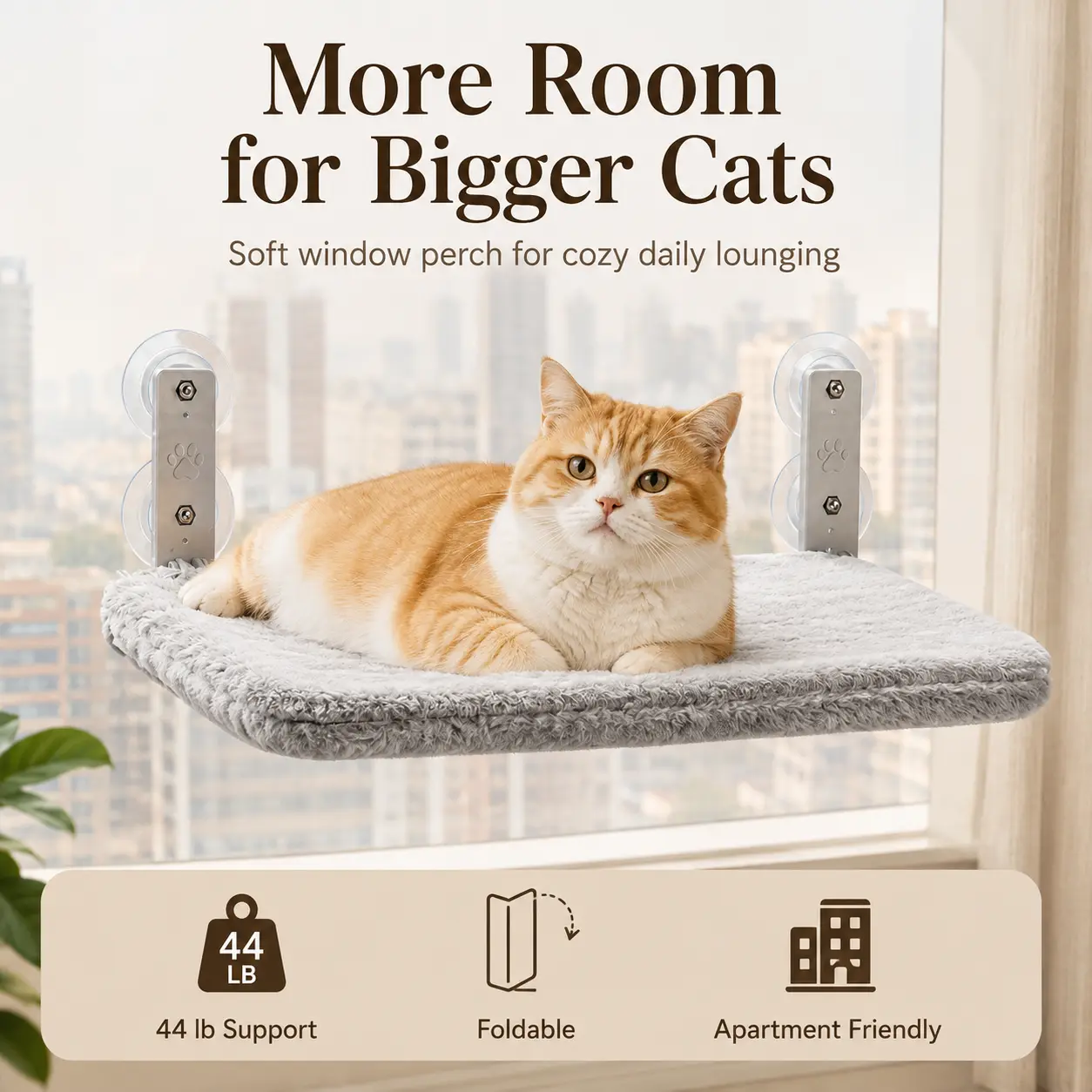 Sohochic Folding Cat Window Perch - 44 lb Strong Hold Suction Cup Hammock, Plush Leather Space Saver Bed for Large Indoor Cats, Single Unit, Keeps Warm