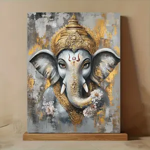 1 Piece Ganesha Canvas Wall Art, Vintage Wall Art - 11.8x15.7" or 15.7x23.6" Wooden Frame Canvas Print, Modern Retro Hindu God Statue Design, Gold Embellishments and Floral Patterns - Interior Decoration for Home, Housewarming G