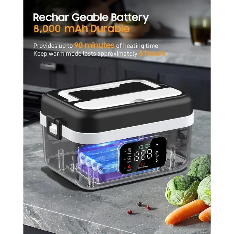 Cordless electric lunch box with built-in 8000mAh battery, rechargeable self-heating adult lunch box, 1-liter stainless steel portable heated lunch box with food warmer and timer, suitable for travel, truck drivers, and office use
