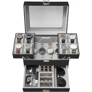 Watch Box, Watch Case for Men, 8 Slot Watch Display Case, 3 Layers Large Sunglass Storage Organizer for Watch, Ring, ,  Idea, PU Leather (Black)