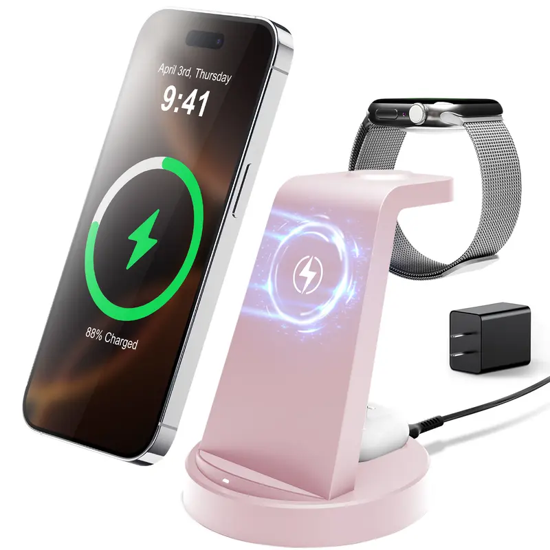 sohochic Multi-Device Qi Magnetic Wireless Charger Stand - USB-C Adapter Included, Case-On Charging, Sleep-Friendly LED Lights, Efficient Overnight Charging, Works with iPhone, Android, Smart Watches, Wireless Earbuds, USB-C Cable Travel Charger Block