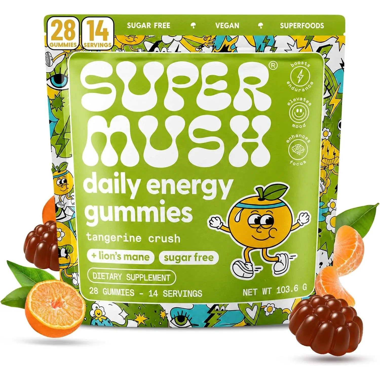 Super Mush Daily Energy Gummies Tangerine Crush & Lion's Mane Sugar Free Vegan Superfoods 28 Gummies 14 Servings Supplement Vitamin