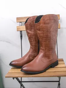 Men's Round Toe Patchwork Side Zip Long Boot High Top Fashion Western Cowboy Boots, Stylish Knight Boots for Men
