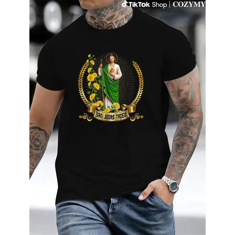 Men's 100% Cotton Crewneck Short-Sleeve Graphic Tshirt - Menswear, Classic Casual Top Featuring San Judas de Tadeo, Mexico's Defender of Lost Causes, Shortsleeve, Fabric, Round Neck, Soft, T-Shirt, San Judas Art