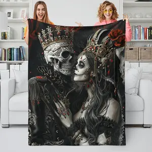 1pc Husband Gifts Blanket For Wife Skull Couple Printed Soft Blanket Flannel Blanket Warm Skin-friendly Office Nap Throw Blanket, Sofa Bed Blanket For Halloween