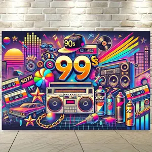 1pc 2D Flat Retro 90s Street Art Polyester Backdrop Ft - Vibrant Cityscape Pop Culture Icons (Cassette, Boombox, Sneakers) - Vintage Home Decor Living Room, Bedroom, Office