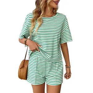 EncoLax Womens Pajama Sets Striped 2 Piece Lounge Sets Short Sleeve Oversized T Shirts Drawstring Shorts Matching Set