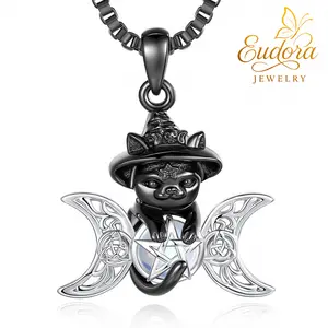 Eudora Sterling Silver Black Witch Cat Necklace Triple Moon Goddess Pentagram Pendant Vintage Celtic Knot Wiccan Jewelry Gift for Women Girls
