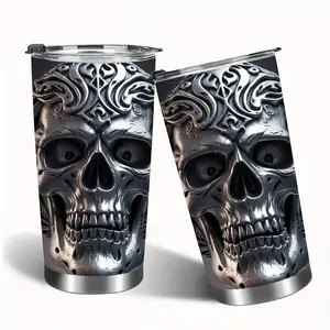 Car and Skull Print Insulated Tumbler 20oz, Stainless Steel Travel Mug - Double-Layer Vacuum, Hot & Cold Drink Cup, Perfect for Outdoor, Halloween, Christmas, Birthday Gifts