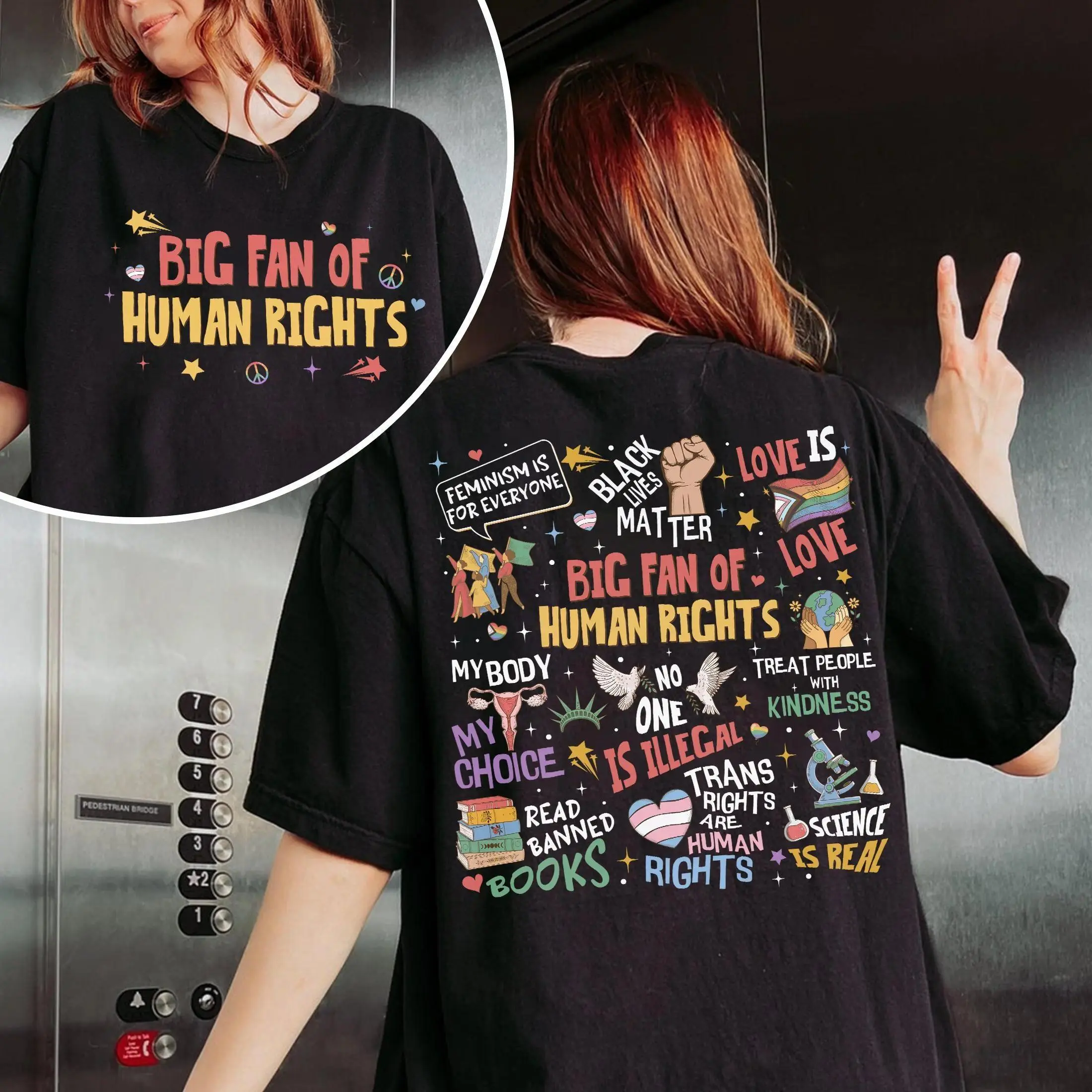 Women's Human Rights Slogan T-Shirt - Unisex Oversized Loose Fit Crewneck Short Sleeve Cotton Top, Double-Sided Print, Equality Social Justice Feminist Activist Apparel, Casual Streetwear, Human Rights Slogan Women's T-Shirts, Graphic Tee