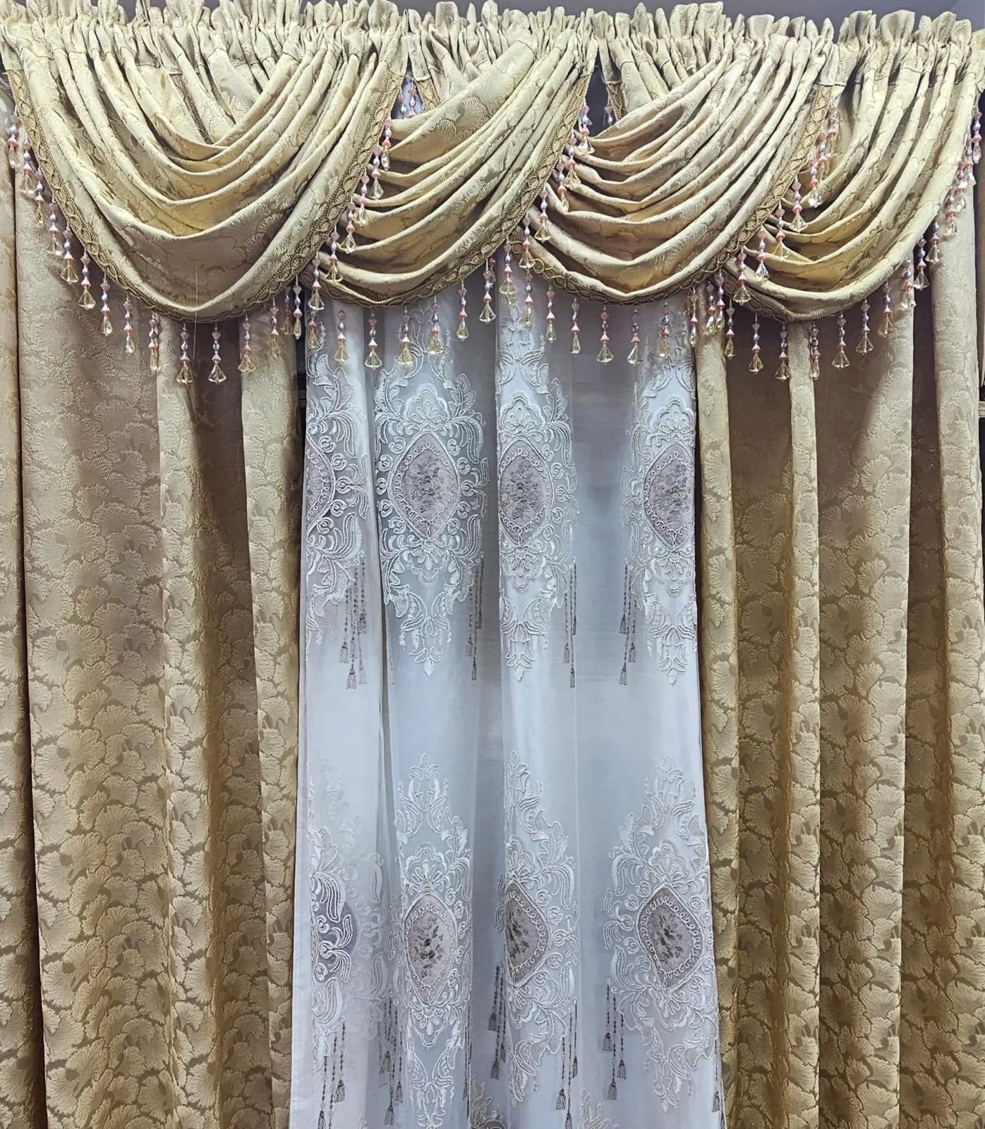 Stefania Gold 8-Piece Luxury Curtain Set, Featuring Taupe Medallion Embroidered Center Panel