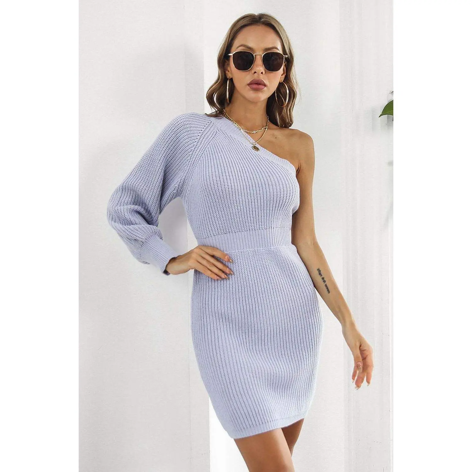 One Shoulder Raglan Sleeve Pencil Sweater Dress