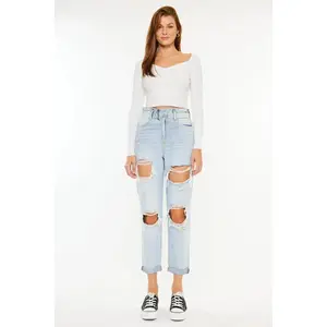 Open Pack Paperbag Mom Jeans Stretch Denim
