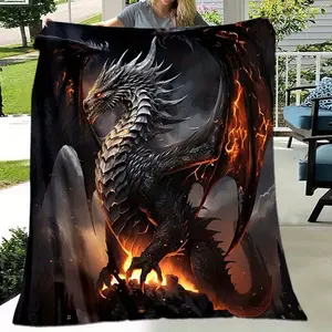 Ultra-Soft 3D Black Dragon Print Flannel Blanket - Vibrant Fantasy Design with Fiery Effects, Perfect for Bed, Sofa, Office & AC Comfort, All-Season Use, Dragon Decor