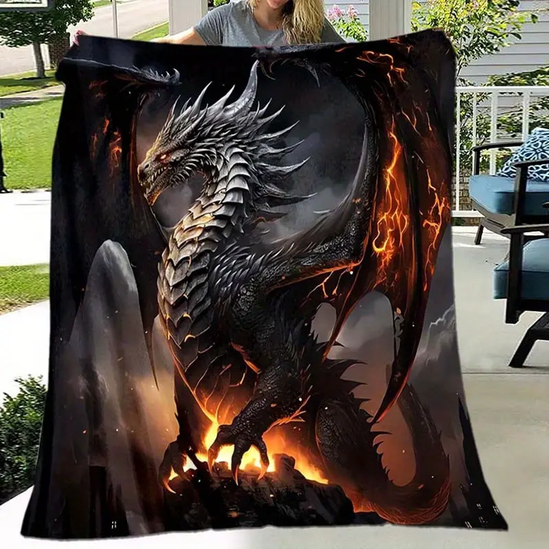 Ultra-Soft 2D Black Dragon Print Flannel Blanket - Vibrant Fantasy Fiery Design Throw Blankets, Ideal for Camping, Bed & Office, All-Season Sleeping Gear Comfort, Dragon Decor