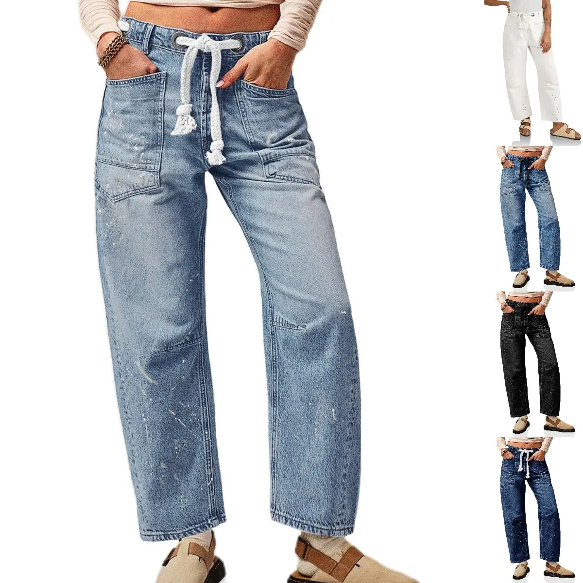 Danedvi Women's Baggy Ripped Washed Grunge Ultra Baggy Loose Fitted Barrel Leg Jeans - Oversized Wide Leg with Drawstring, Retro Comfortable Denim Bottoms with Front Pockets, Baggy Ripped Jeans, Washed Jeans